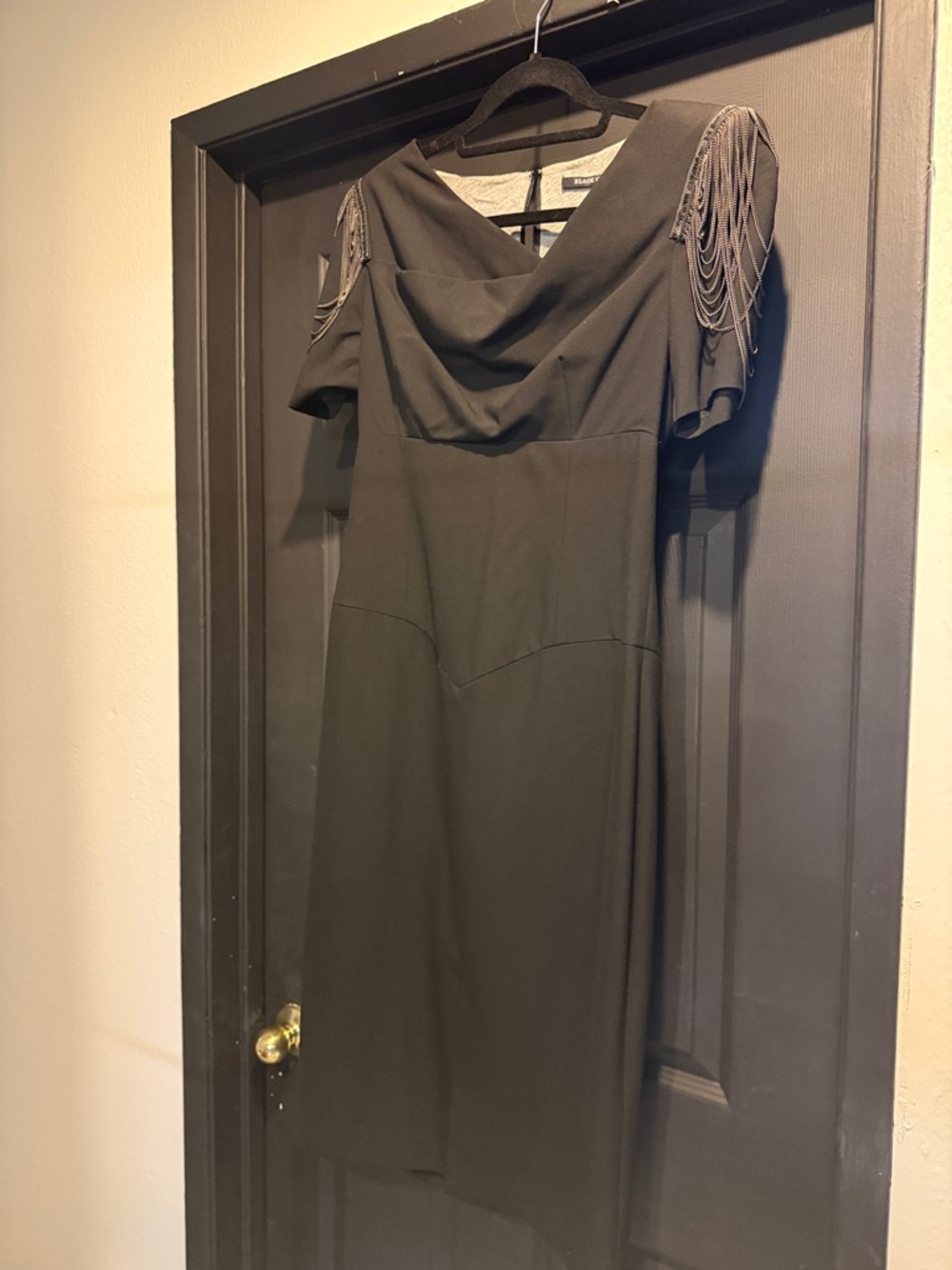 Black Halo Midi Dress with Draped Neckline and Fringe Sleeves